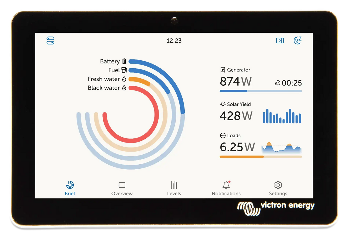 Écran Victron GX Touch 70 en fonctionnement sur un site hors réseau