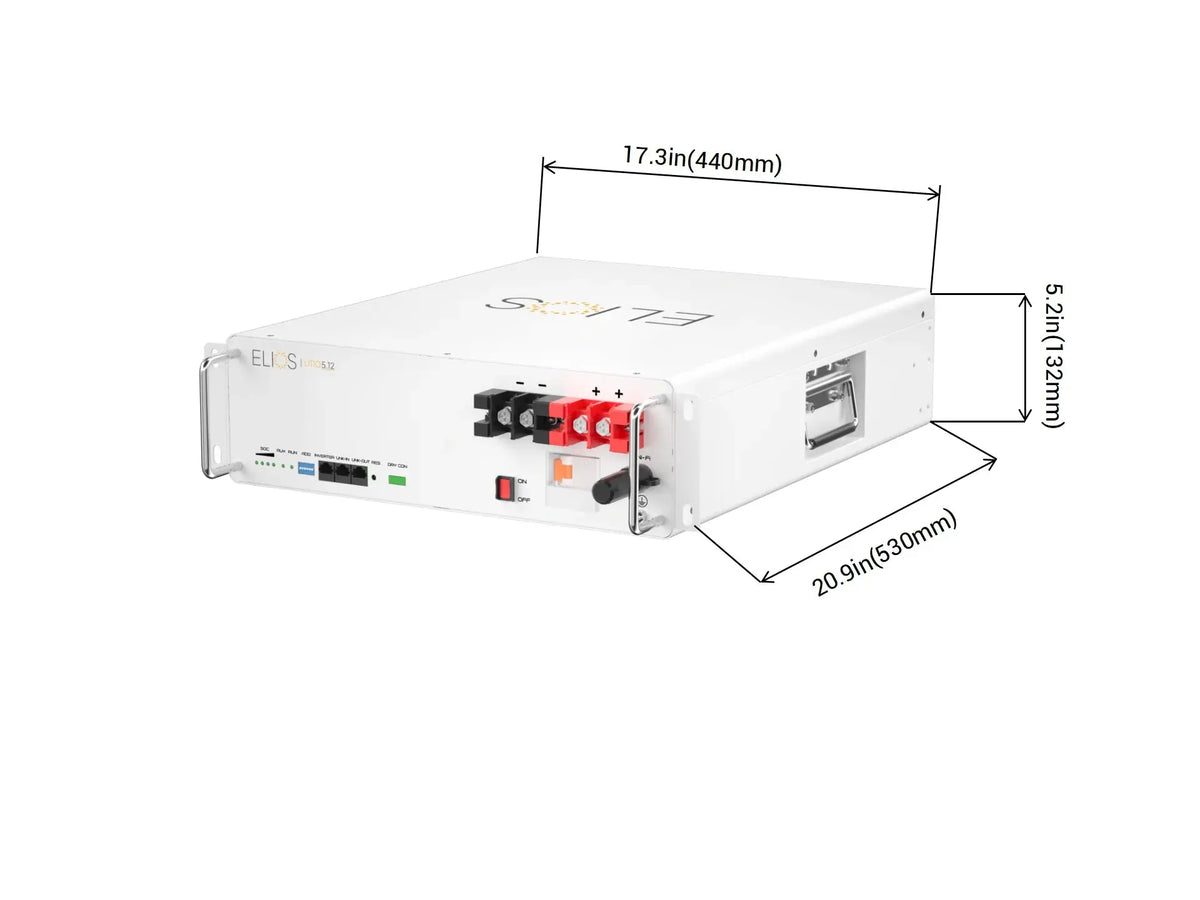 Face avant du module Elios Litio 5.12 kWh avec ports de communication CAN et RS485
