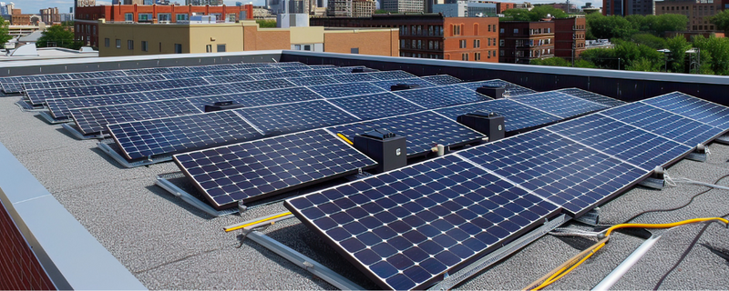 Panneaux solaires installés sur la toiture plate d'un bâtiment commercial