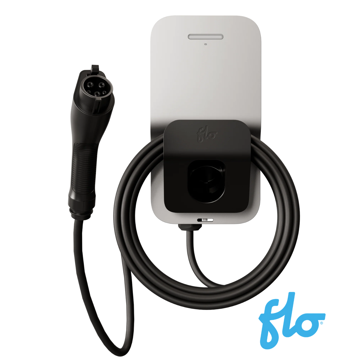 Connecteur J1772 de la borne FLO Home X8 compatible avec la plupart des véhicules électriques.