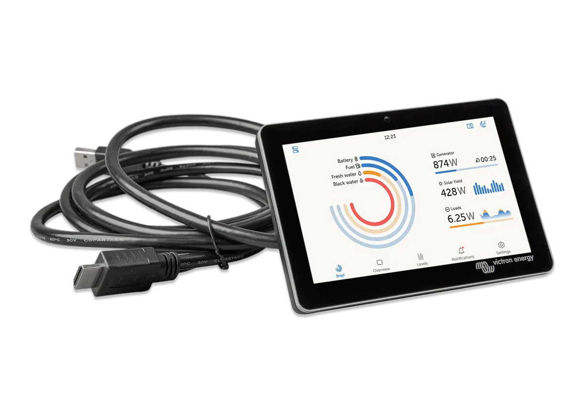 Interface de monitoring solaire affichée sur l'écran Victron GX Touch 70