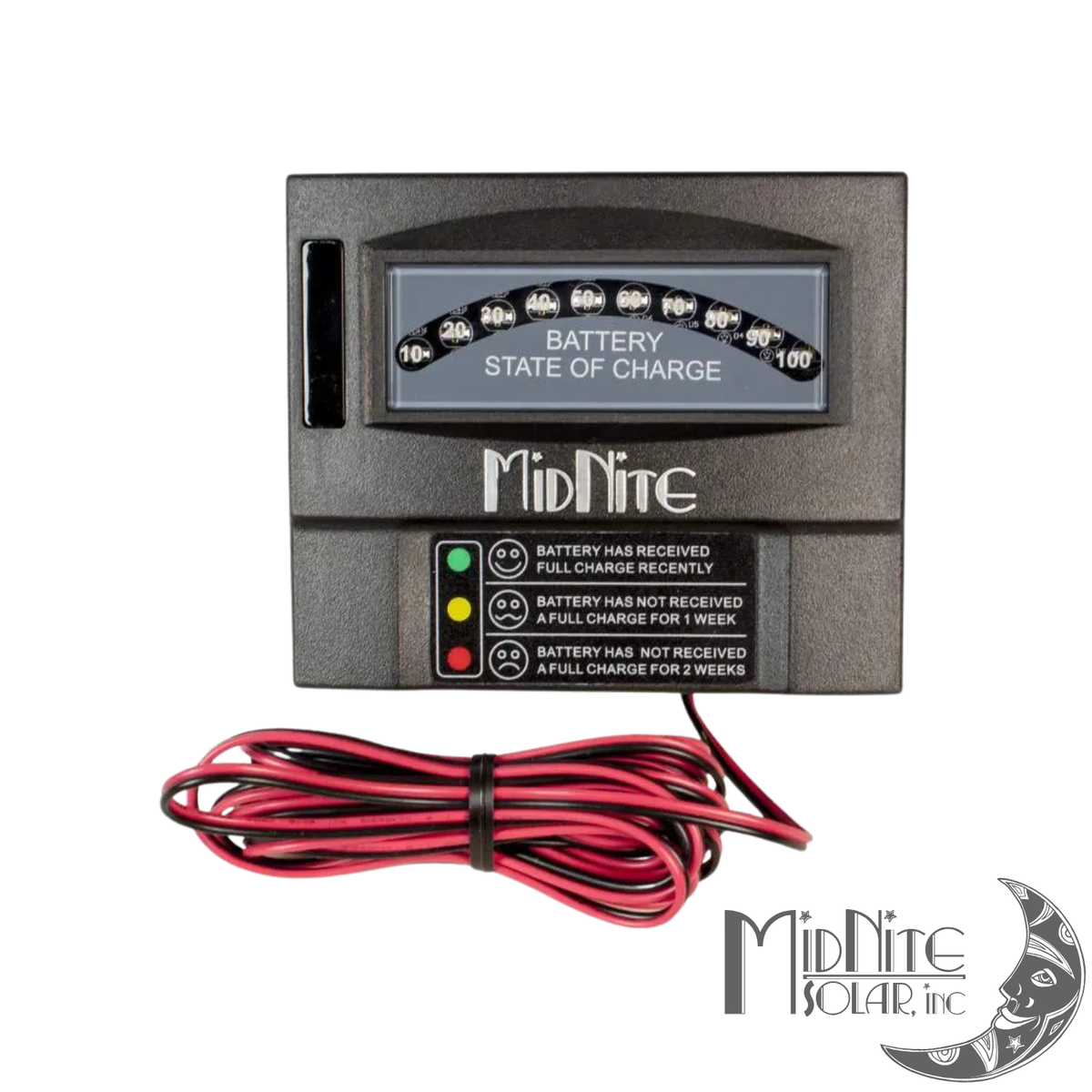 Compteur MidNite MN-BCM affichant l'état de charge de batteries 12V à 48V.