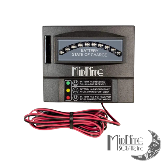 Compteur MidNite MN-BCM affichant l'état de charge de batteries 12V à 48V.