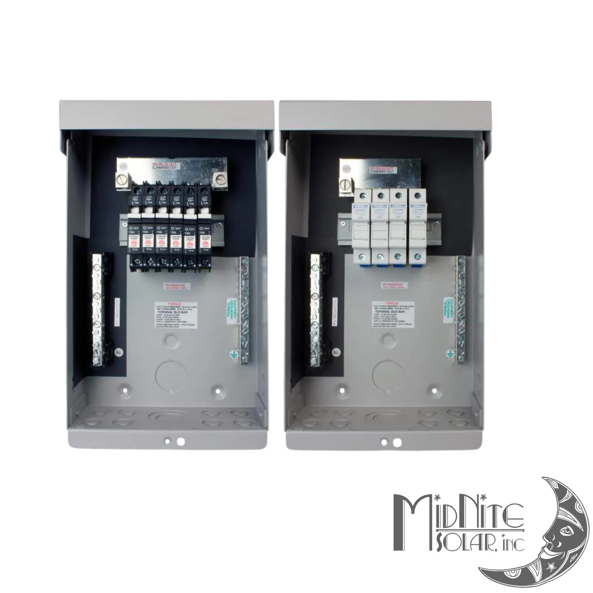 Boîtier combiner solaire MidNite MNPV6 à six entrées avec bornes de raccordement en aluminium