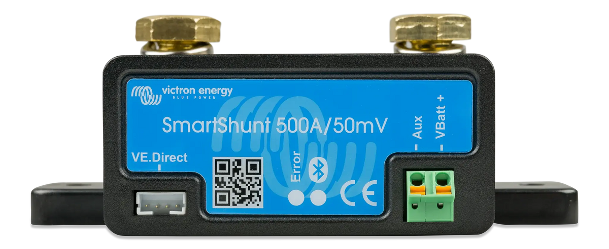 Moniteur de batterie Victron SmartShunt 500A raccordé au circuit d'un banc de batteries