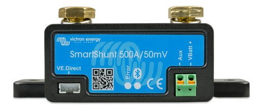 Moniteur de batterie Victron SmartShunt 500A raccordé au circuit d'un banc de batteries
