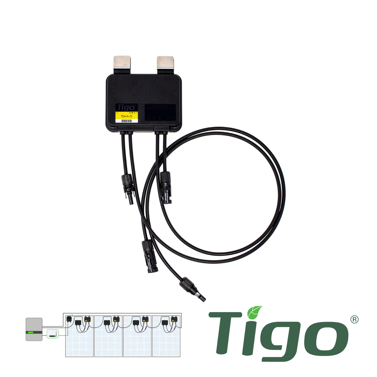Optimiseur solaire Tigo TS4-A-O avec fonction rapid shutdown installé sous un panneau